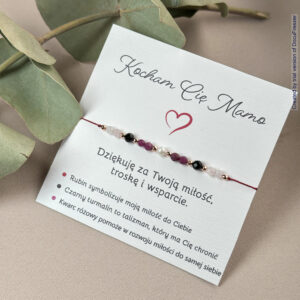 Bransoletka z rubinem, czarnym turmalinem, kwarcem różowym i perełką na wytrzymałej nitce – idealna na Dzień Matki