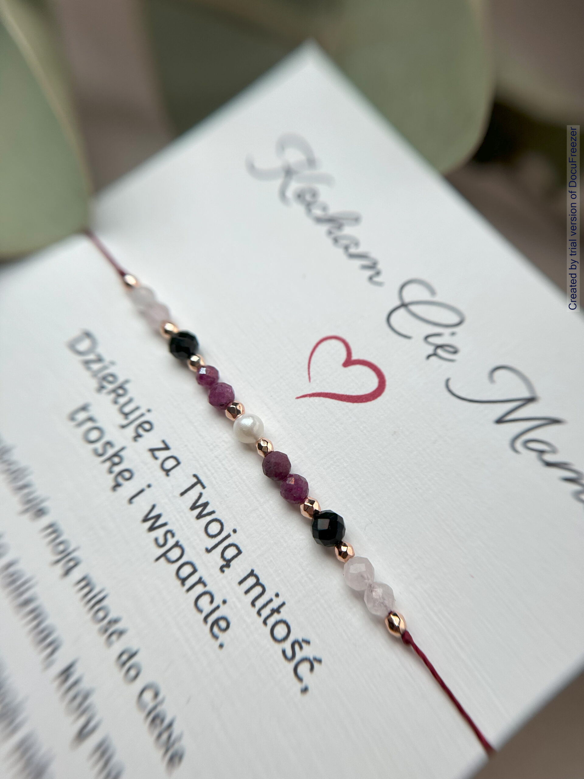 Bransoletka z rubinem, czarnym turmalinem, kwarcem różowym i perełką na wytrzymałej nitce – idealna na Dzień Matki - obrazek 2