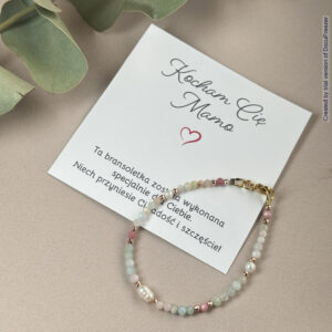 Bransoletka z morganitu, rodonitu i pereł na lince stalowej – w zakuciu ze stali chirurgicznej w kolorze złotym – idealna na Dzień Matki