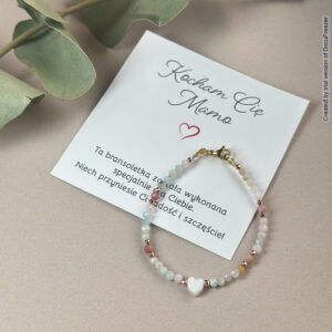 Bransoletka z morganitu, rodonitu i pereł na lince stalowej – z serduszkiem z masy perłowej – idealna na Dzień Matki